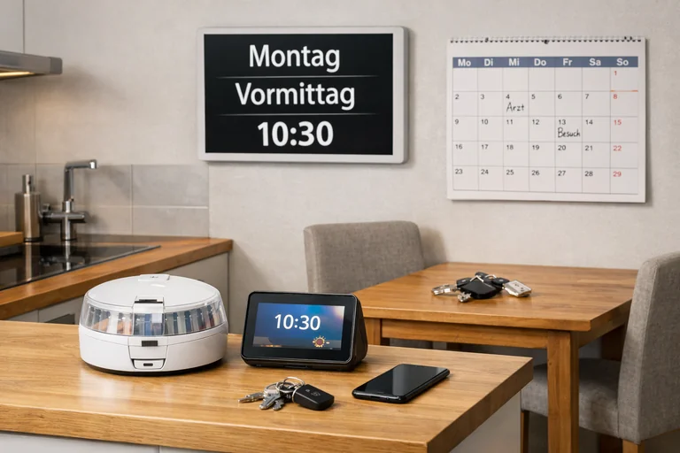 Organisation und Erinnern im Alltag: Tablettenspender, Kalenderuhr und Wochenplaner unterstützen die Tagesstruktur